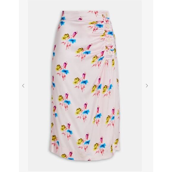 NWT GANNI Pink Organic Silk Floral Ruched Midi Skirt